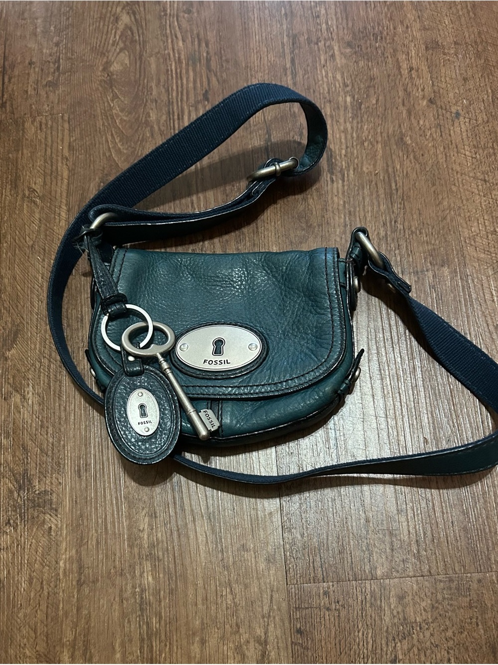 Fossil Dark Teal Leather Crossbody Bag with Keyhole Plaque